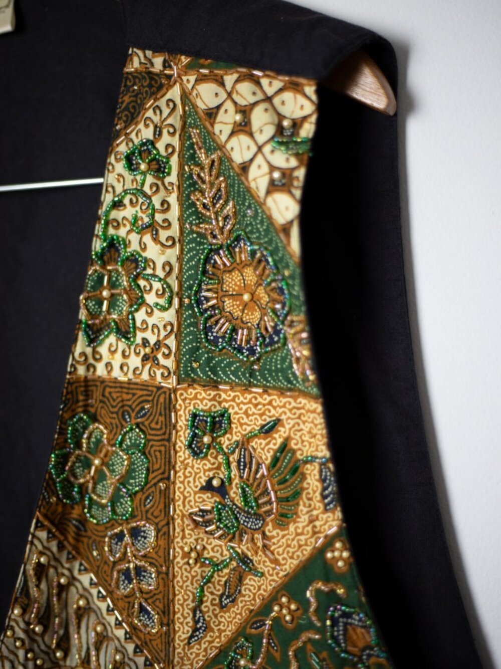 Vintage Hand Beaded Batik Patchwork Vest | Bugle Seed Beads | Tie Back | L/XL